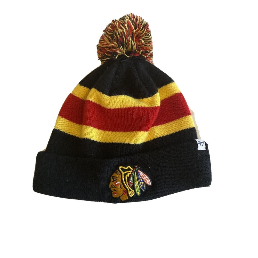Chicago Blackhawks NHL 47 Brand Knit Beanie Hat With Pom One Size 100%‎ Acrylic